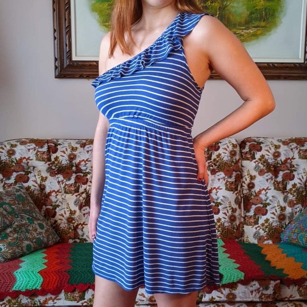 Blue and white striped one shoulder ruffle dress